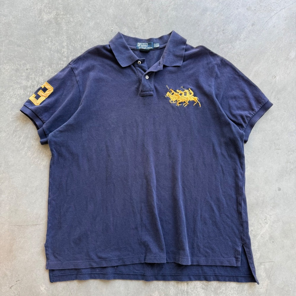 Polo Ralph Lauren Mens XXL Navy Blue Triple Pony Gold Logo Short Sleeve Polo